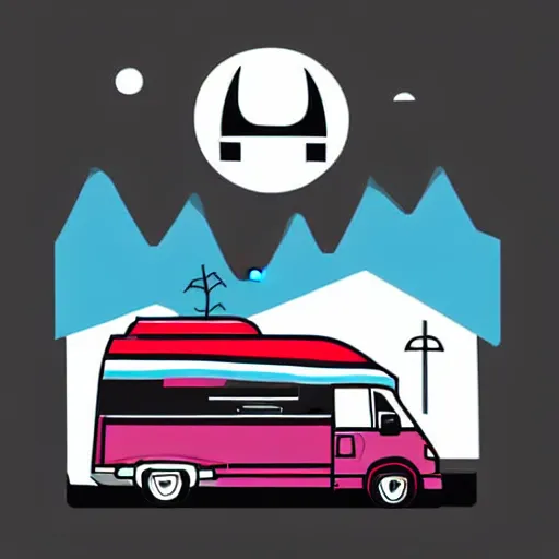 Image similar to a white and black cute thor chateau! motorhome camper!!, highway, mountains and sunset!!, very happy, colorful minimal vector art sticker by tom whalen