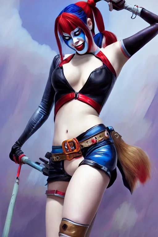 Image similar to Harley Quinn, wide angle, super highly detailed, professional digital painting, artstation, concept art, smooth, sharp focus, no blur, no dof, extreme illustration, Unreal Engine 5, Photorealism, HD quality, 8k resolution, cinema 4d, 3D, beautiful, cinematic, art by artgerm and greg rutkowski and alphonse mucha and loish and WLOP