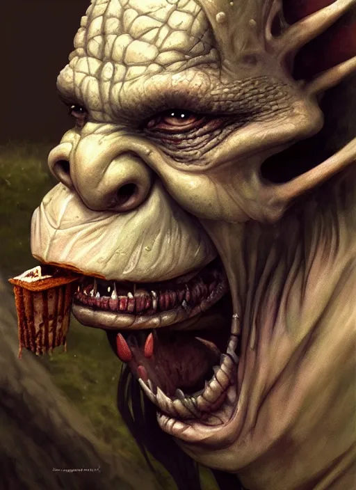 Prompt: profile face portrait of a medieval goblin eating cakes in the cloisters, beautiful face, hyper realistic, highly detailed, digital painting, artstation, illustration, concept art by hyung tae, bosch, giger, frank frazetta, digital paint, matte paint, washed colors, dark, gloomy