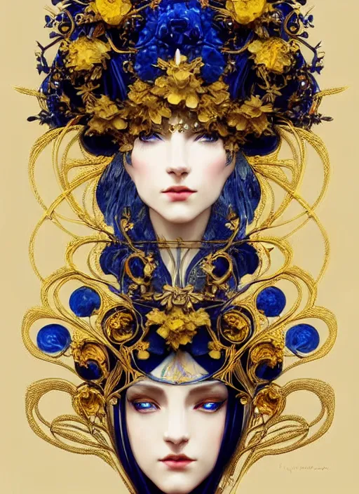 Image similar to beautiful black blue yellow, complicated gold and blue flowers in baroque style headwears, dark fantasy, intricate, elegant, highly detailed, digital painting, artstation, concept art, matte, 3 d 8 k octane rendered, sharp focus, illustration, octane rendered, art by artgerm and alphonse mucha, leesha hannigan