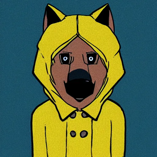 Prompt: cartoon sketch of a faceless wolf wearing a yellow raincoat