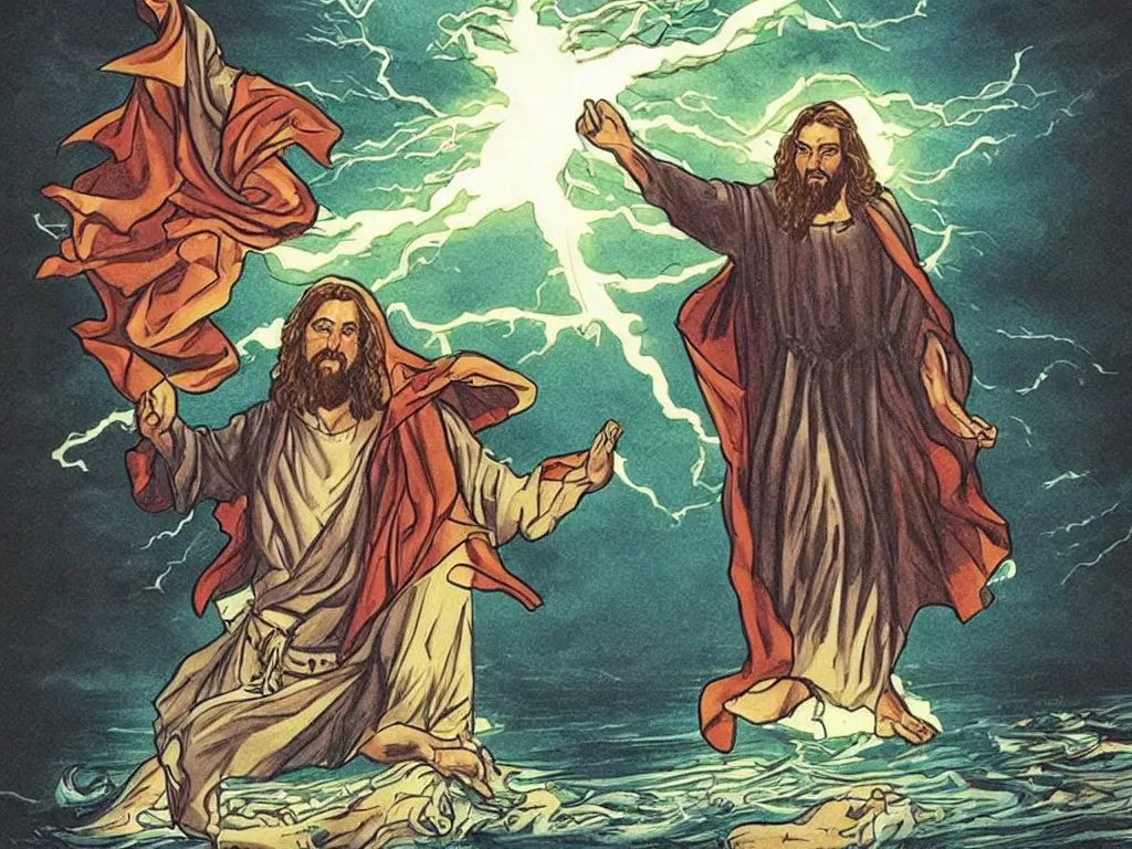 Image similar to jesus christ as a superhero with wavey hair and white eyes floating above the water shooting lightning out of his hands, drawn by alan moore, graphic novel,