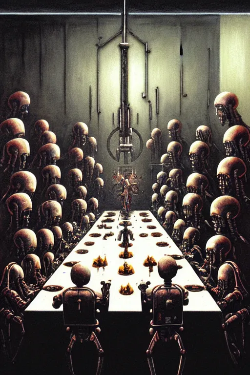 Prompt: painting of tech priests dining at the last supper, adeptus mechanicus!, cybernetic enhancements attached to his body, praise the omnissaiah, zdzislaw beksinski, lewis jones, mattias adolfsson, warhammer 4 0 k!!, cold hue's, warm tone gradient background, concept art, digital painting