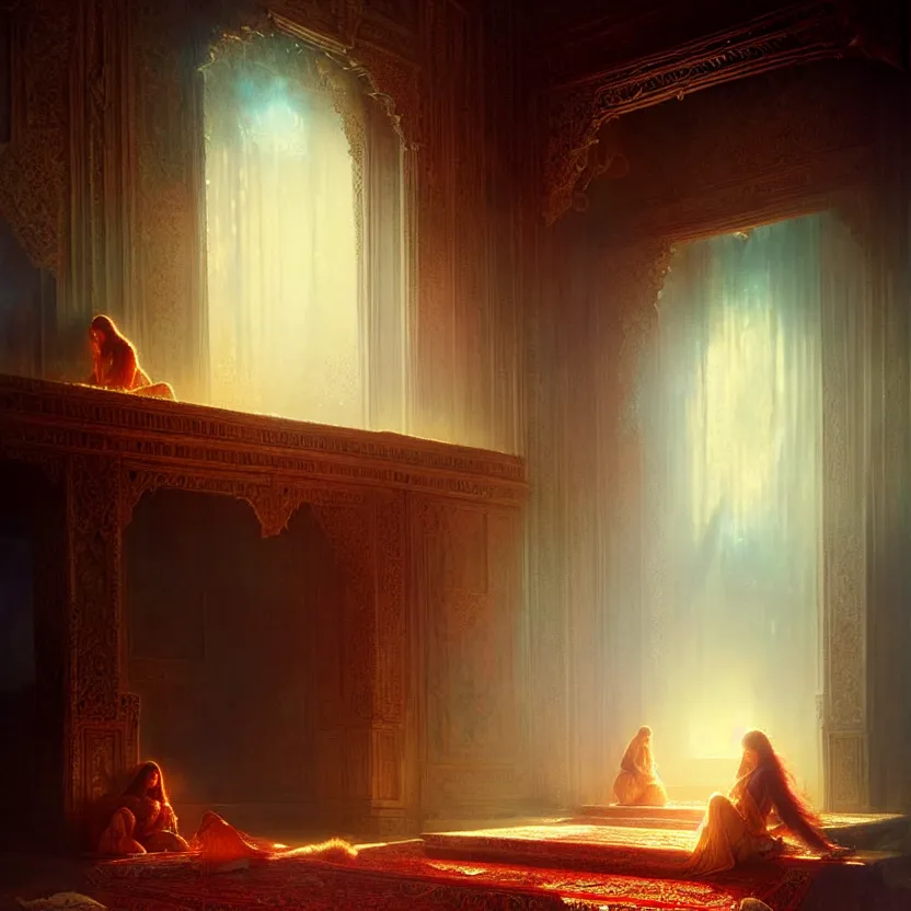 Image similar to magic fluffy Persian carpet dimension, by Greg Rutkowski and Gaston Bussiere, dim lighting, beautiful volumetric-lighting-style atmosphere, surreal atmosphere, intricate, detailed, photorealistic imagery, artstation