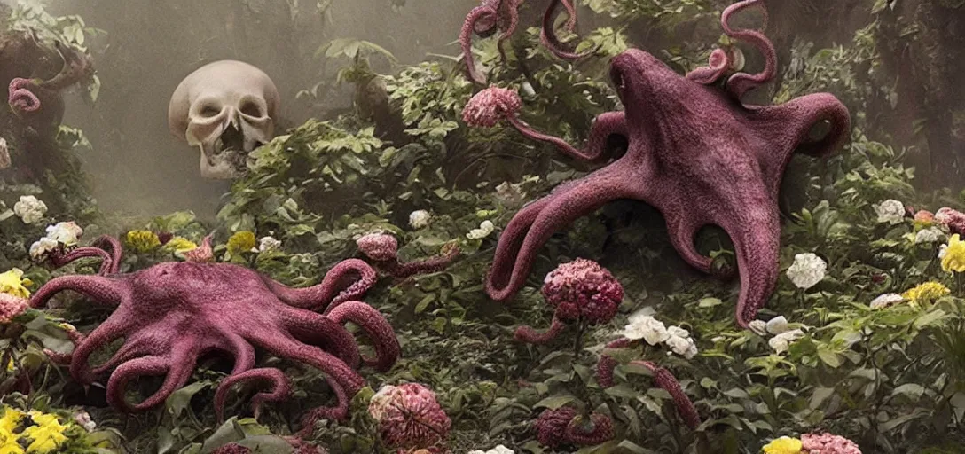 Prompt: an | octopus in the shape of a skull | surrounded by flowers at noon, foggy!, cinematic shot, photo still from movie by denis villeneuve, wayne barlowe, junji ito