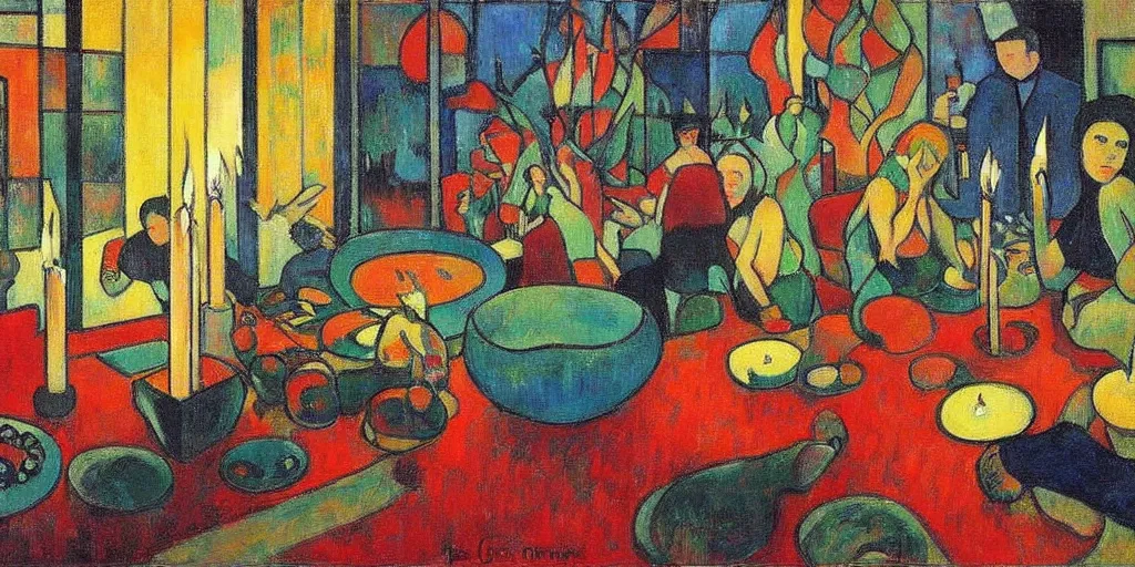 Image similar to a party at midnight, modern indoors, bay area, candles, hot tub, friendship, hope, art by paul gaugin