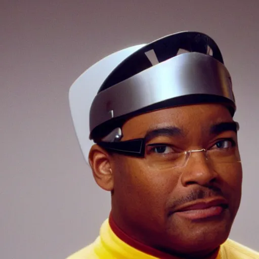 Image similar to Geordi LaForge wearing visor and a colander and random kitchen tools on his head