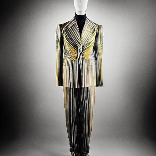 Image similar to stunning photograph of an extravagant suit designed by edvard munch. award winning piece of fashion. studio lighting