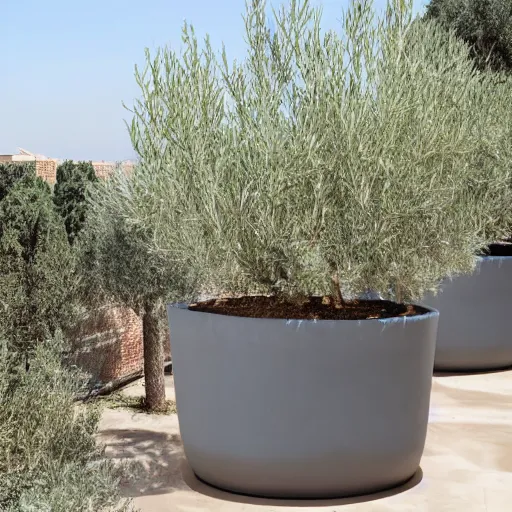 Image similar to large concrete pot on the rooftop, olive trees, comfortable for seating, wpc decking on the floor