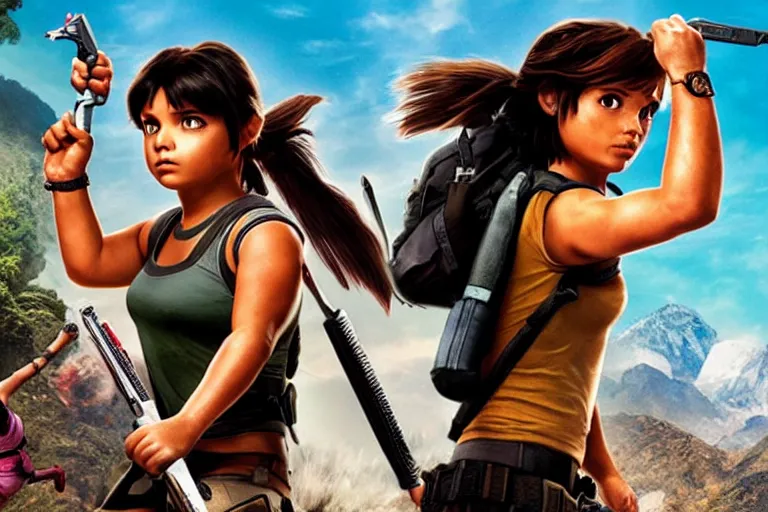 Image similar to Dora the Explorer vs Lara Croft, film by Michael Bay