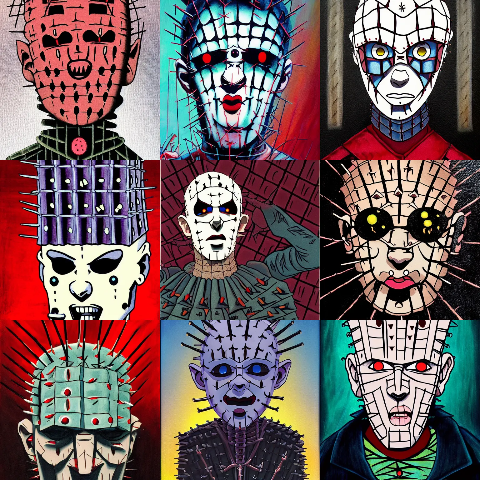 Prompt: a painting of hellraiser pinhead in the style of studio ghibli. 4 k. highly detailed. dark fantasy. epic lighting.