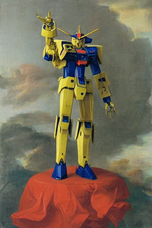 Prompt: a elegant gundam robot with fluo color detail, and muted arm colors, on top of dutch master painting of flowers