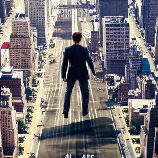 Prompt: a giant tom cruise carries a military jet in his hands while walking through manhatten, 4k, movie poster