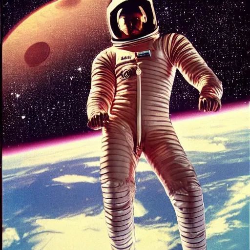 Image similar to 1 9 8 0's album art, an ultra muscular veiny man in a skintight buck rodgers style astronaut latex suit, inside the beautiful palace of a beautiful space princess, cinematic angles, beautifully lit