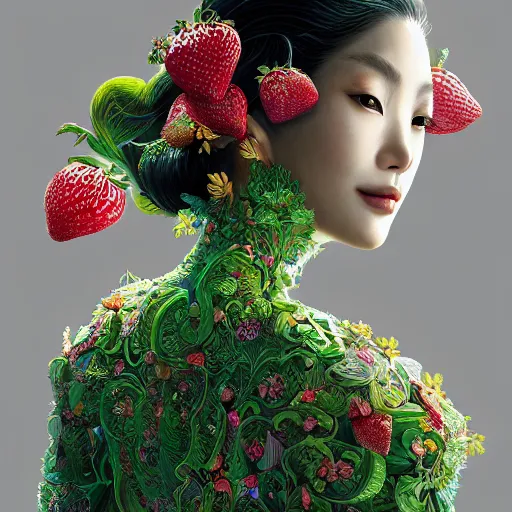 Prompt: the portrait of an absurdly beautiful, graceful, elegant, sophisticated asian woman made of strawberries and green petals, an ultrafine hyperdetailed illustration by kim jung gi, irakli nadar, intricate linework, bright colors, octopath traveler, final fantasy, unreal engine 5 highly rendered, global illumination, radiant light, detailed and intricate environment
