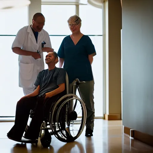 Prompt: a male patient in a wheelchair in the hospital with his wife and son standing by. happy, cheerful, smiling, intricate, sharp focus, cinematic lighting, 8 k, art by emiliya lane, margaret dyer