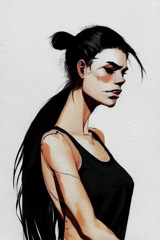 Image similar to a ultradetailed beautiful painting of a stylish woman in with a ponytail, she is wearing a black tank top and jeans, by conrad roset, greg rutkowski and makoto shinkai trending on artstation