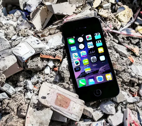 Image similar to an iPhone smartphone in the rubble, ruins.