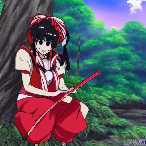 Image similar to a professional anime drawing of reimu in the jungle wearing bonnet