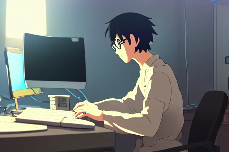 Image similar to a nerdy boy is programming at a computer in a room full of gadgets, by makoto shinkai and ghibli studio, dramatic lighting, highly detailed, incredible quality, trending on artstation