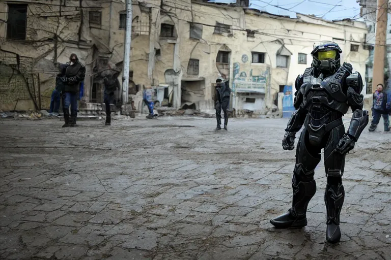 Image similar to wide shot of master chief in ukraine