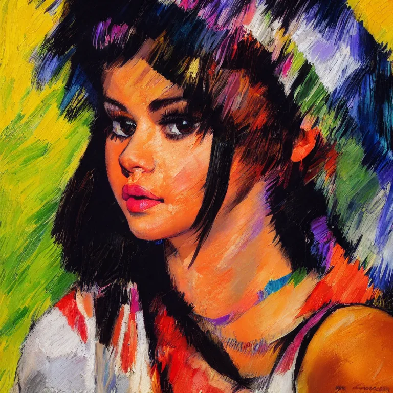 Prompt: close up studio portrait of Selena Gomez as a punk rock drummer in 1985, impasto heavy brushstrokes oil painting by Mary Cassatt and Franz Marc and Norman Rockwell, Intense colors trending on artstation dramatic lighting Expressionism