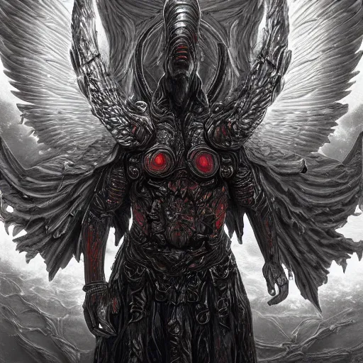Image similar to photorealistic biblically accurate demonic alien archangel the style of michael whelan and gustave dore. hyperdetailed photorealism, 1 0 8 megapixels, amazing depth, glowing rich colors, powerful imagery, psychedelic overtones, 3 d finalrender, 3 d shading, cinematic lighting, artstation concept art