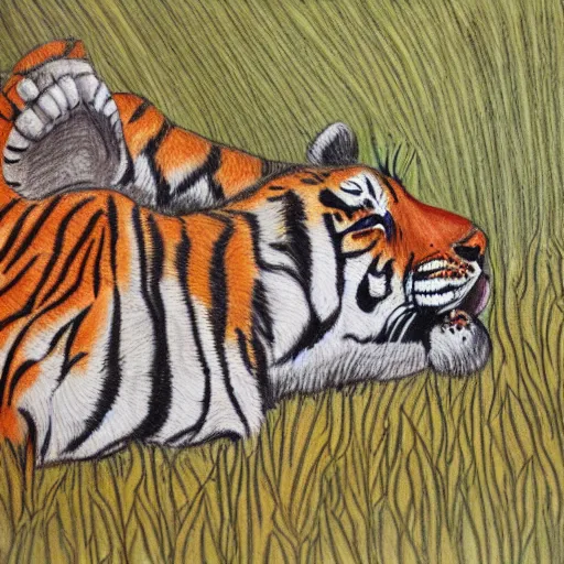 Prompt: drawing of a tiger cubs sleeping in a pond of black oil, red ballpoint pen, outsider art style