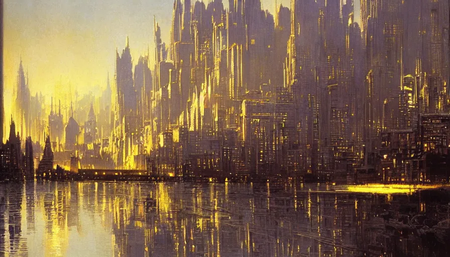 Image similar to city of golden shadows, intricate detailed painting, cityscape, john harris, reflective lighting