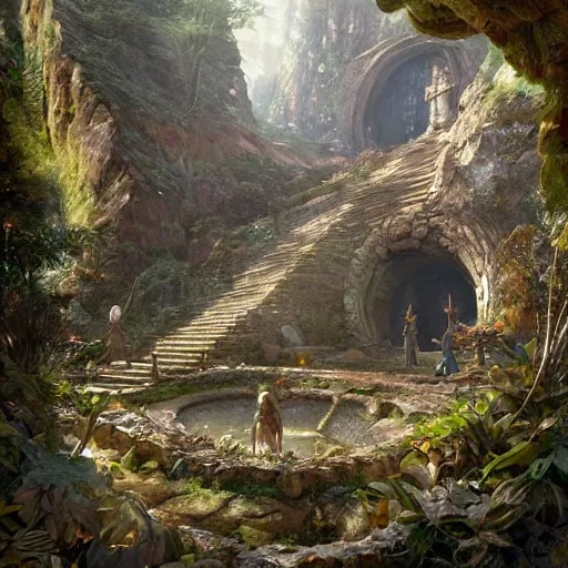 Prompt: worm's eye view of a elven headquarters carved inside a mountain above a arranged garden, neat and tidy, magical, natural light, fantasy, sharp focus, concept art, by greg rutkowski and craig mullins, cozy atmospheric