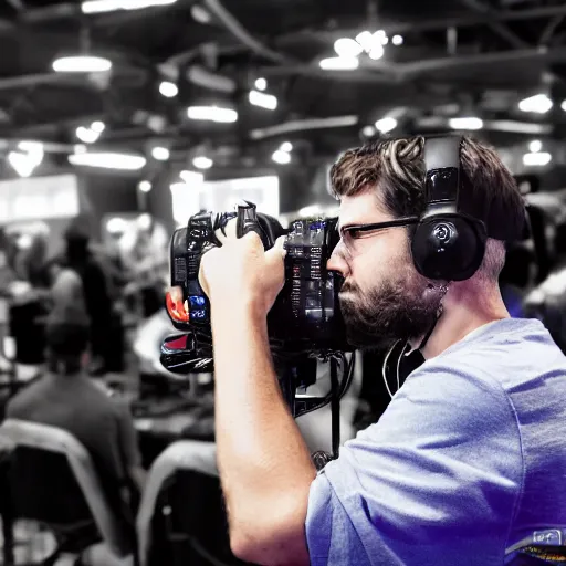Prompt: ruggedly handsome gimbal camera operator getting the action shot at a video game tournament. photorealistic, high quality, intricate details
