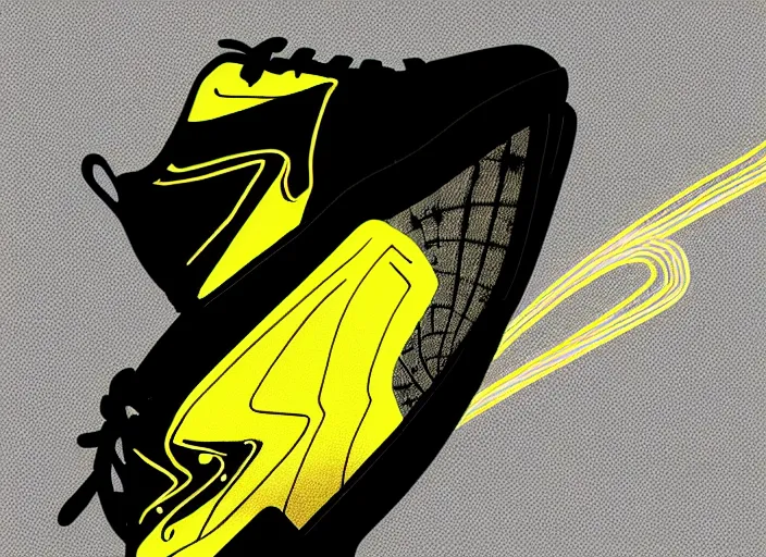 Prompt: glowing black sneaker, wth short golden lines, yellow details, symmetrical, highly detailed, digital art, sharp focus, trending on art station, samurai, electricity superpowers, anime art style