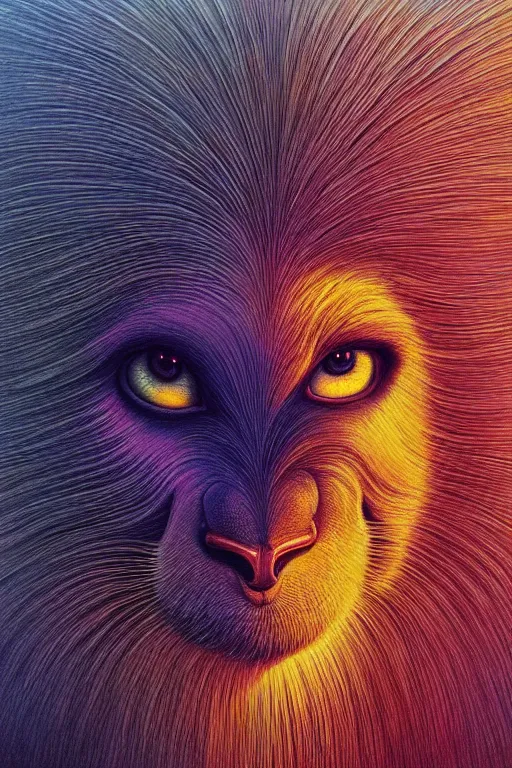 Image similar to hyperrealistic close-up baroque psychedelic!! god happy fluffy kind creature!! peaceful kind spirit of nature highly detailed concept art eric zener elson peter cinematic hard rainbow lighting high angle hd 8k sharp shallow depth of field, inspired by Zdzisław Beksiński