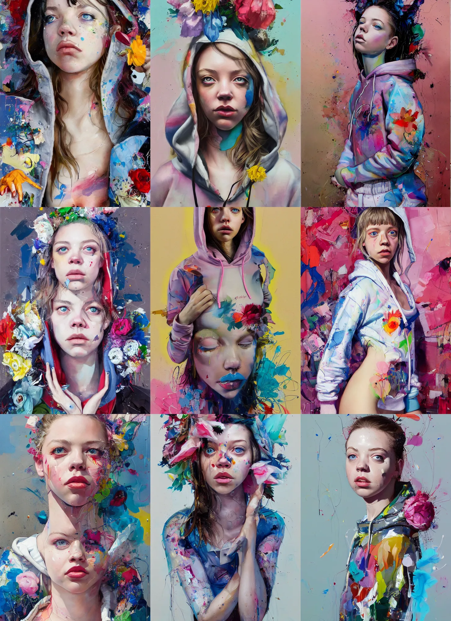Prompt: 2 5 year old sydney sweeney in style of martine johanna and jenny saville, wearing a hoodie, standing in a township street, street fashion outfit, haute couture fashion shoot, full figure painting by john berkey, david choe, ismail inceoglu, decorative flowers, 2 4 mm, die antwoord music video