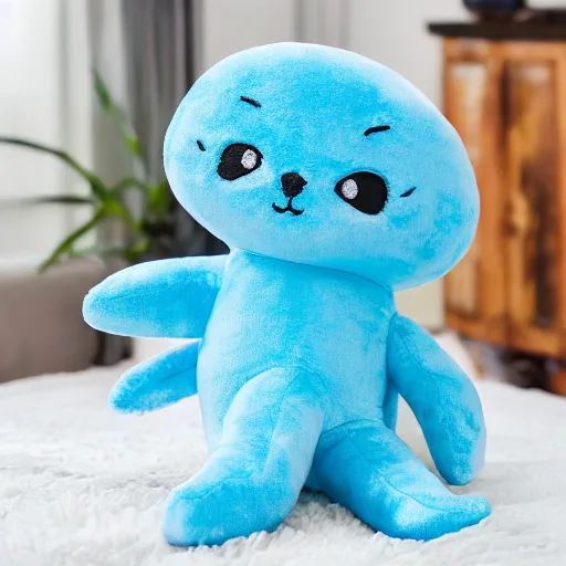 Prompt: blue'snappy gifts'plush doll, on water matress, gifts, bright atmosphere, high detail, soft lighting, 8 k