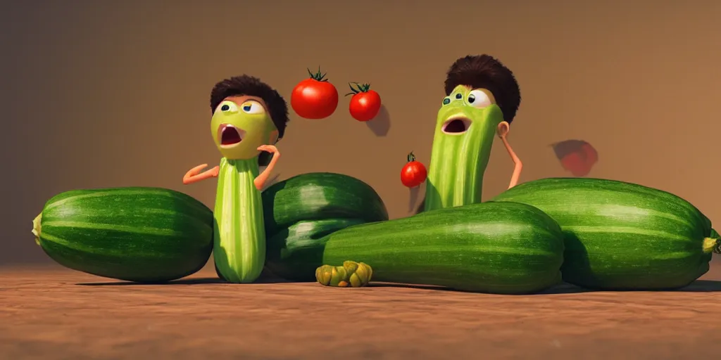 Prompt: detailed 3 d render of a zucchini character hunting after a tomato character, high speed chase, dramatic scene, hyper realistic octane render, cinematic lighting, deviantart, pop - surrealism, lowbrow, frame from pixar movie