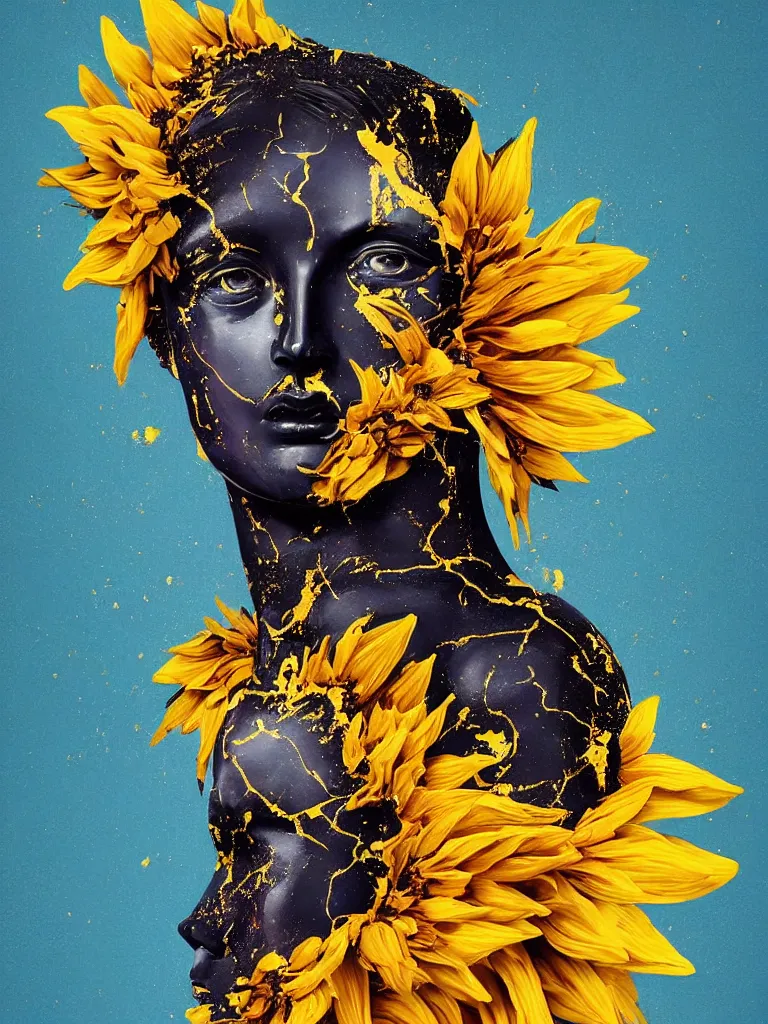 Image similar to symmetrical painting of a fractured dark obsidian greek statue of female beauty, yellow topaz spikes sunflowers, lightblue dripping acrylic paint and tar, repaired with magenta kintsugi, rendered in octane trending on cgsociety. extremely detailed and intricate art, corruption, sleek