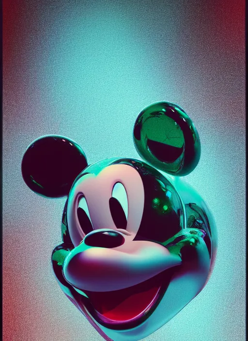 Image similar to mickey mouse head, fractal, broken, wet, mycelium, radiant alien, rococo, baroque, automotive, bio-mechanical, porcelain, iridescent sub surface scattering, octane render