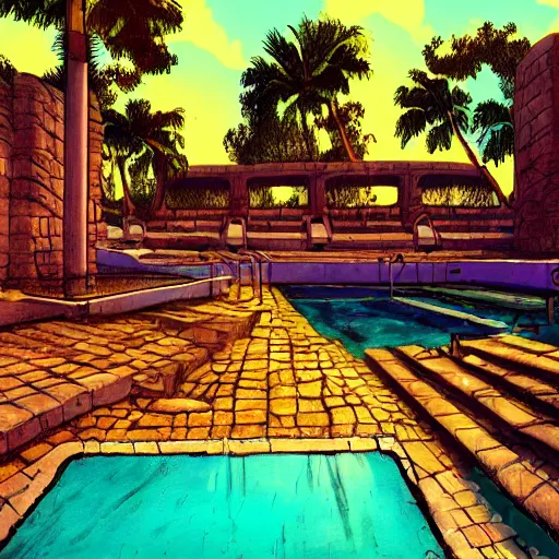 Image similar to a pool in a ancient ruins,retrowave art,trending on art station