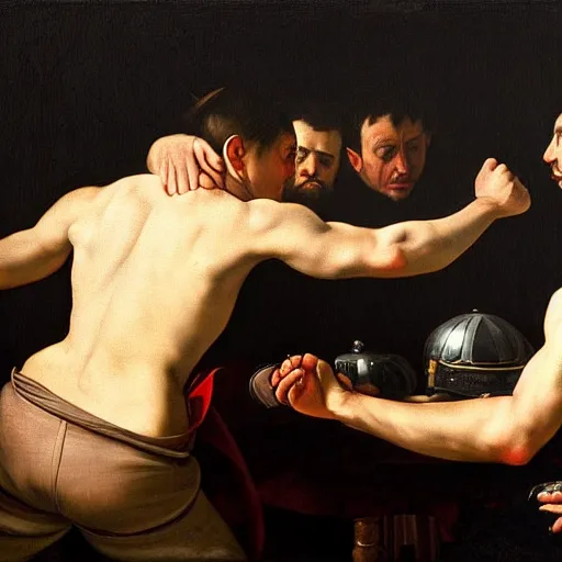 Image similar to a caravaggio painting masterpiece exposed in Paris : two soldiers playing rock paper scissors, This 4K HD image is Trending on Artstation, featured on Behance, well-rendered, extra crisp