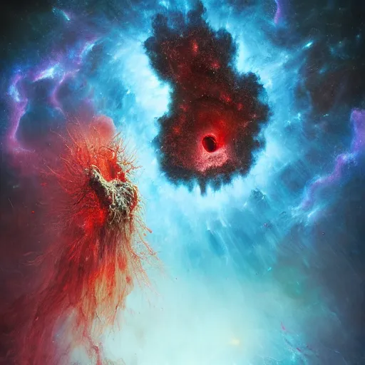 Image similar to two demons hug inside of an exploding nebula, beksinski, dariusz zawadzki, very coherent symmetrical artwork. cinematic, hyper realism, high detail, octane render, 8 k