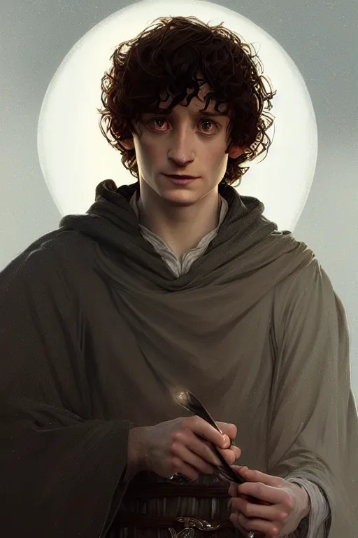 Prompt: a portrait of frodo baggins, fantasy, sharp focus, intricate, elegant, digital painting, artstation, matte, highly detailed, concept art, illustration, ambient lighting, art by ilya kuvshinov, artgerm, alphonse mucha, and greg rutkowski