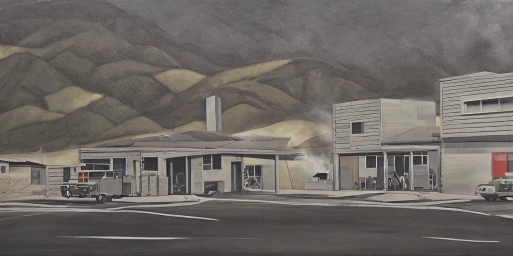 Image similar to brutalist single - story fire department in rural marin county california, painting by robert bechtle, ultrafine detail