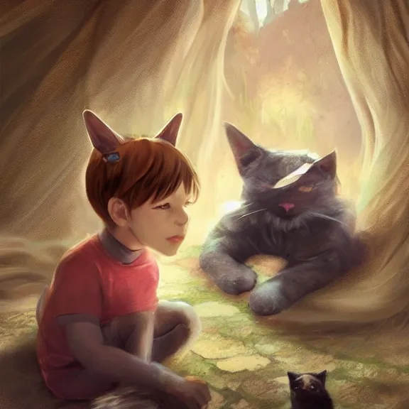 Prompt: boy with cat ears and cat tail resting on the floor, fantasy artwork, award winning, very very very very very very very very beautiful, trending on artstation.