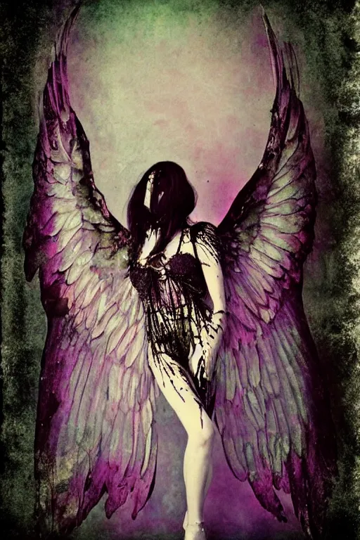 Image similar to crystal wings, waporwave polaroid, a greg rutkowsi photograph, devianart, metal acid deep colors, fallen angel of death, love broken