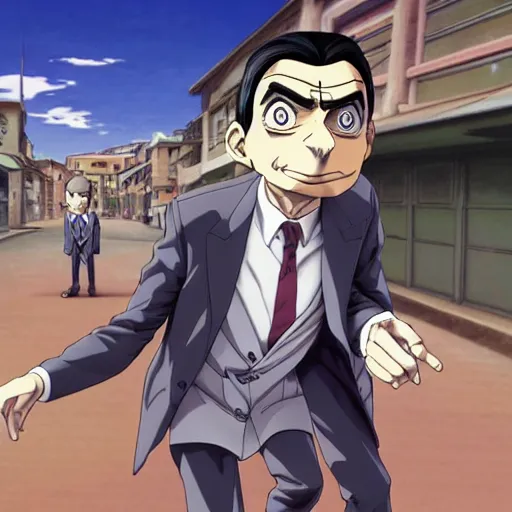 Prompt: Digital painting of Mr Bean walking like a Italian model in JoJo's Bizzare Adventure anime style, official media from JoJo's Bizzare Adventure, highly detailed, sharp focus, 1990 manga panel, anime, ArtStation, art by Hirohiko Araki