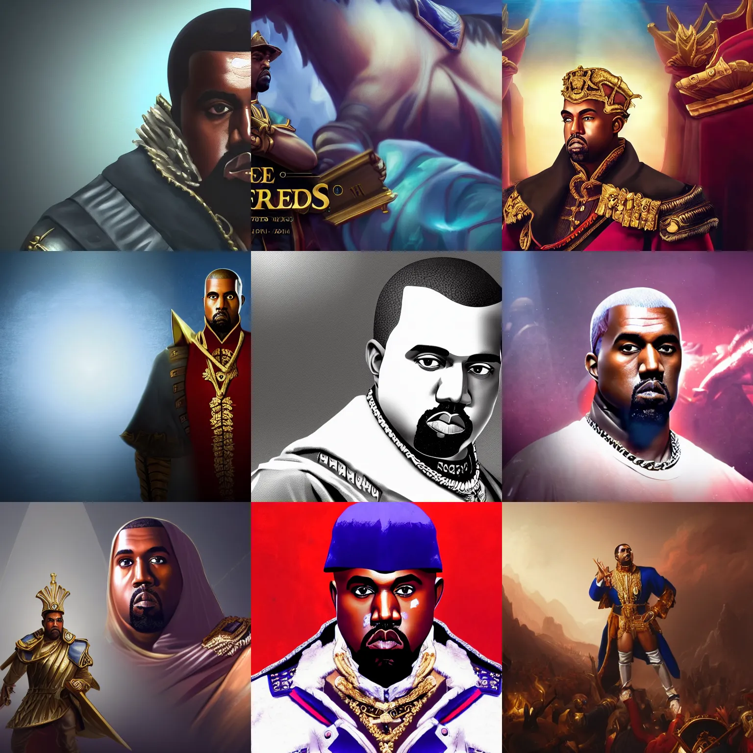Prompt: Kanye West as emperor napoleon, League of Legends amazing splashscreen artwork, splash art, hd wallpaper, artstation