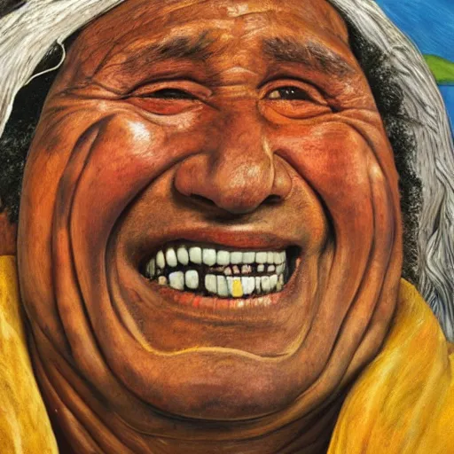 Prompt: high quality high detail painting by lucian freud, hd, portrait of a indigenous tribe leader laughing, photorealistic lighting