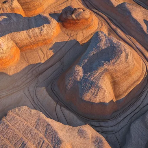 Prompt: bottom-up view huge deep stone quarry landscape quarry of dirty iron ore in the evening light golden hour, atmospheric lighting, 8k resolution, best color graded, vray beautiful, hyper-realistic render W 1920 H 1080