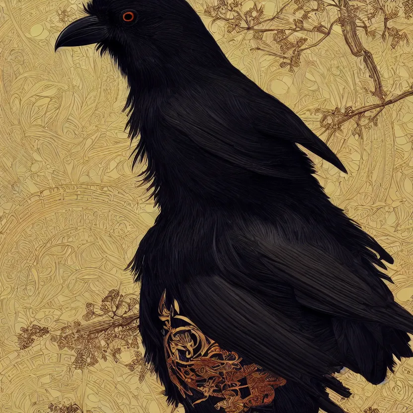 Image similar to beautiful angry black raven bird, cute, intricate, exquisite japanese background, highly detailed, digital painting, trending on artstation, concept art, smooth, sharp focus, backlit, rim light, vivid colors, illustration, unreal engine 5, 8 k, art by rossdraws and alphonse mucha